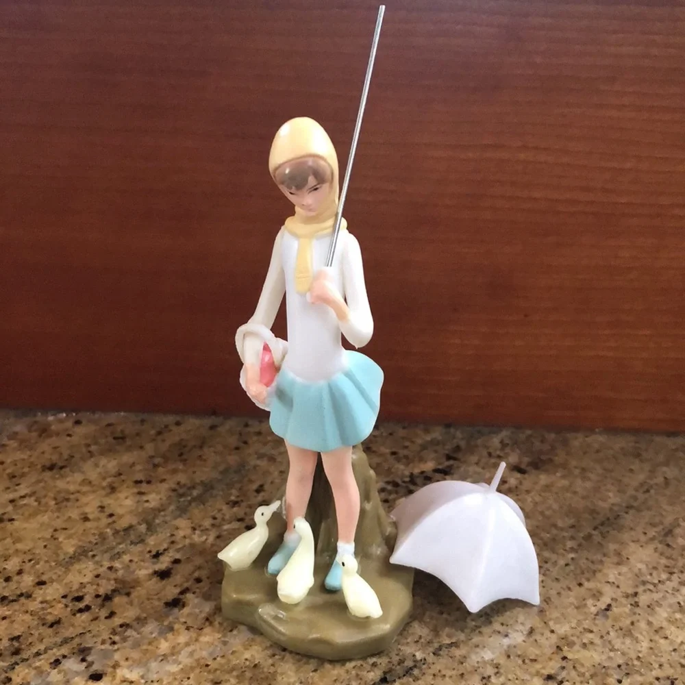WILTON Cake Decoration Topper - Girl Umbrella & Ducks Figurine-Vintage 1973
